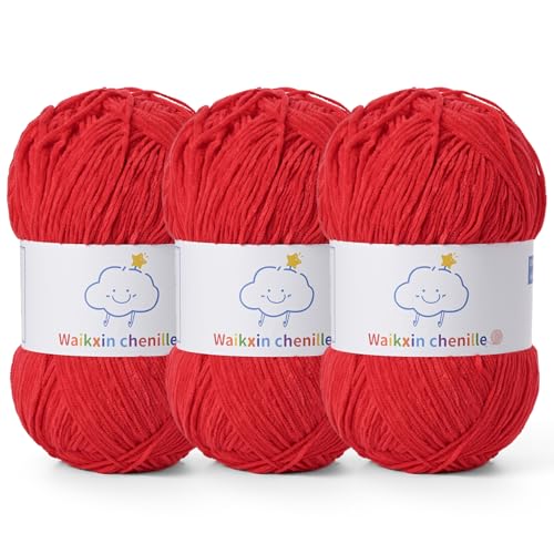 Fluffy Chenille Yarn for Crocheting，Baby Yarn for Crocheting Soft，3 Pack of 100g/3.5oz Velvet Amigurumi Yarn ，Fingering Weight Yarns for Crocheting Baby Blankets、DIY Craft.(3 Red) - color: 3 Red