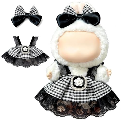 Doll Clothes for Labubu 15cm/17cm Dolls,Outfit for Labubu,Dress and Hairpin Set for Labubu Dolls Cute Stylish Dress Up Set(NO Doll) - color: Black-white Gingham