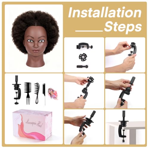 Afro 100% Human hair Mannequin Head,10''Curly Full Real Hair Mannequin Head,Cosmetology Mannequin Doll Head Styling,Manikin Head Hairs Braiding DIY Styling with Clamp Holder Set（10 Inch Dark Brown） - color: 10 Inch Dark Brown