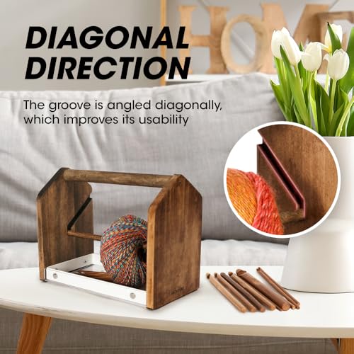 J JACKCUBE DESIGN Wooden Yarn Holder with Storage Tray and 12 Crochet Hooks, Anti-Slip Yarn Dispenser for Knitting & Crochet, Portable Organizer for Craft Supplies(White) - MK1310B - color: White