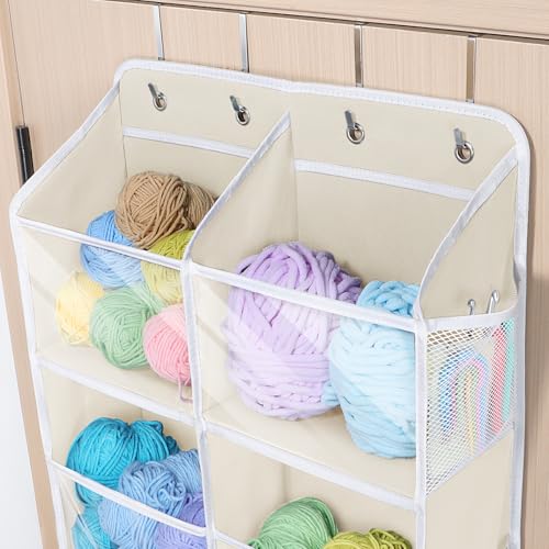 Univivi Hanging Yarn Storage Organizer with Side Pockets, 5 Tiers, Beige | 10 Clear Compartments, 10 Mesh Side Pockets, Large Capacity Hanging Yarn Organizer for Crochet Hook and Yarn Ball Storage - color: Beige, size: 5 LAYER