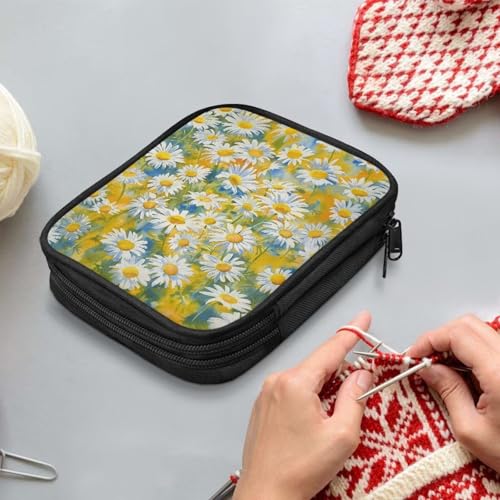 Hechitok Daisy Print Crochet Hook Case Zipper Storage Organizer Bag with Pockets for Various Crochet Needles/Knitting Accessories/Crochet Hook Kit Tools - color: Daisy Print
