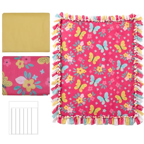 HunnmingRe 3 Pcs No Sew Blanket Kit,Butterfly and Flowers,Rose Pink | DIY Fleece Tie Blankets Kit Include 50x60 Inch No Sew Fleece Fabric and Ruler Template DIY Throw Making for Bed Couch - color: Rose Pink, style: Butterfly and Flowers