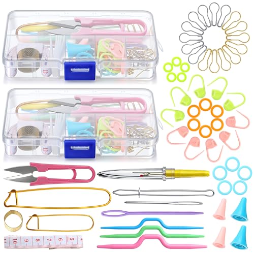 2 Pack New Basic Knitting Tools Accessories Supplie with Case Knit Set Lot | Knitting Supplies Set with Stitch Markers Plastic Sewing Needles Cable Needles for Sewing and Weaving,Includes 182PCS