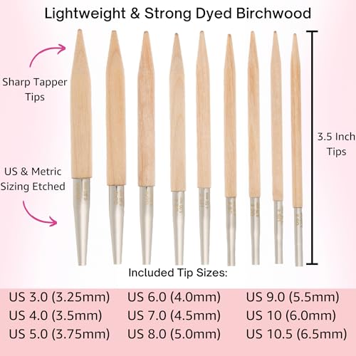 Lykke Naturale 3.5-inch Interchangeable Circular Knitting Needle Set | Standard US 3, 4, 5, 6, 7, 8, 9, 10, 10.5 Tan Case, Birch Semi-Sharp Tips, Smooth Metal Joins, Swivel Cables, Project Bag - color: Naturale-with-Tan-Case
