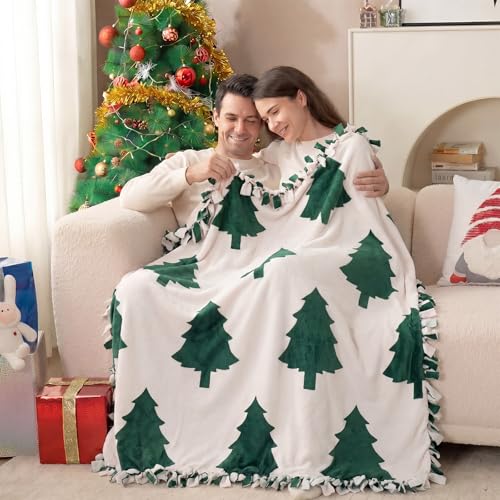 Chumia 2 Pcs/1 Set Christmas No Sew Fleece Blanket Craft Kit 57 x 57 Inch Christmas Tree Tie Blankets Throw DIY Making Blanket Gift for Xmas Winter Holiday Party Favors Home Bed Couch Decoration - style: Christmas Tree