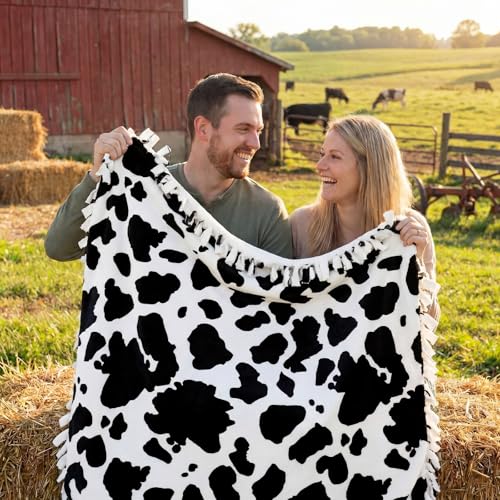 Chumia 2 Pcs/1 Set Cow Print Tie Blankets Craft Kit 57 x 57 Inch Western Themed DIY No Sew Fleece Blanket Black and White No Sew Fabric Cowboy Cowgirl Tie Knot Throw Craft Gift for Cow Birthday Party - style: Cow Print