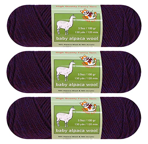 Baby Alpaca Wool Blend Yarn Worsted Weight 3 skeins (100g/each) Fashion Collection Art Crafts Crochet and Knitting Sunny Cat Premium Brand (Eggplant) - color: 32 Eggplant