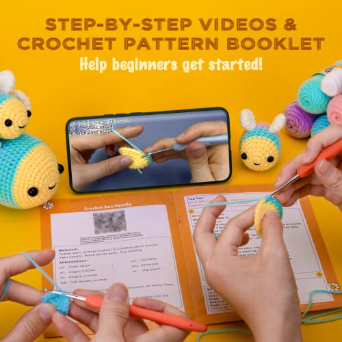 Crochetta Crochet Kit for Beginners, Beginner Crochet Starter Kit w Step-by-Step Video Tutorials, Learn to Crochet Kits for Adults Women Men, DIY Knitting Supplies (Yellow bee) - color: Bee Family