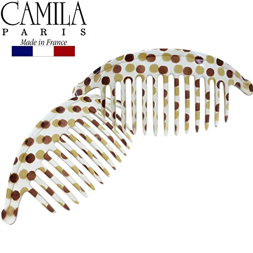 Camila Paris CP1248/2 French Hair Side Combs, Dots Interlocking Combs French Twist Hair Combs, Strong Hold Hair Clips for Women Bun Chignon Up-Do, Styling Girls Hair Accessories, Made in France - color: Dots
