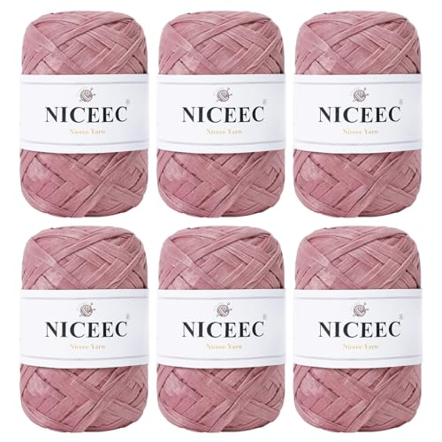 NICEEC 6 Skeins Soft Tape Yarn-Pink | Crocheting Craft Paper Yarn Easy Crochet Raffia Yarn Ribbon Yarn for DIY Craft Gift Wrapping Total Length 1.76oz*2/109yds*2 - color: Pink, size: 6 Pack