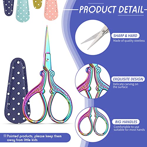 Honoson 4 Pcs Small Embroidery Scissors, 3.6", Simple, Fresh Colors | Sewing Scissors with Leather Cover, Sharp Tip for Needlework Cross Stitch Crochet Knitting Craft, Stainless Steel Stork Shear - color: Fresh Colors