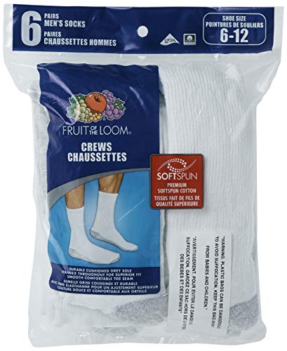Fruit Of The Loom Men's 6 Pack Cushioned Crew Socks