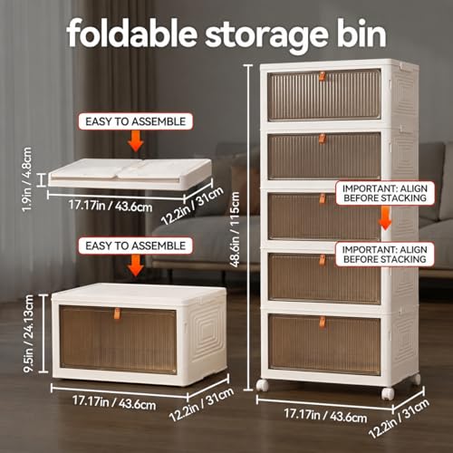 LDQ 170 Qt Large Storage Bins with Lids, 5 Tier Stackable Storage Cabinet with Wheels & Clear Doors, Foldable Plastic Closet Organizer for Bedroom, Bathroom & Kitchen - size: 5-layers