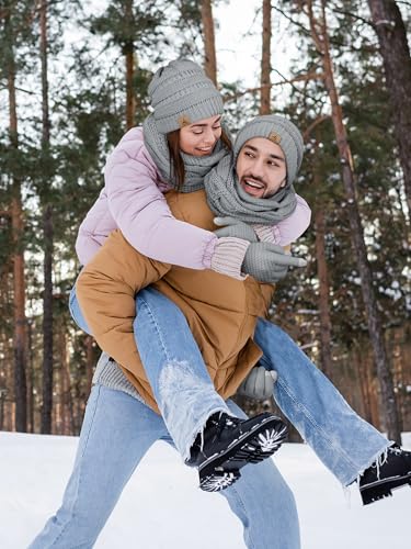 LOROME Winter Beanie Hat Scarf Gloves, Warm Fleece Knit Neck Scarf Set Gift | Hats Gloves Scarf Set, Touchscreen Gloves, Universal Size Neck Scarf Set Winter Gifts for Unisex Adult Winter Wear - color: Light Gray