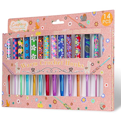 Coopay 14pcs New Warm Crochet Hooks for Beginner, Longer Crochet Hook Set | 2mm to 10mm Art Aluminum Comfy Grip Crocheting Needle Knitting Supplies Christmas Crocheting Gifts for Crocheters, Best Gift - color: multicolored box