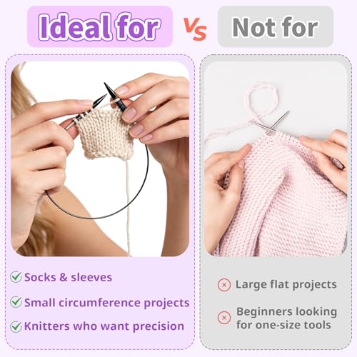 Reessy Short Interchangeable Circular Knitting Needles Set – 2” Aluminum Tips (3.0–6.0mm), 20–40cm Cables – Interchangeable Shortie Needles for Socks, Sleeves & Small Projects - color: black