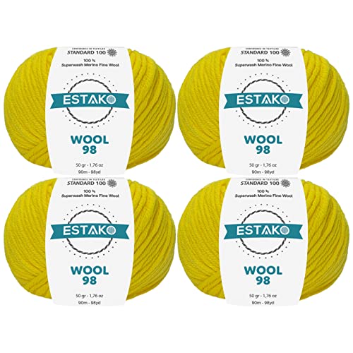 Estako Wool 98 100% Superwash Merino Wool Worsted Yarn, Yellow 4-Pack | 7.04 oz, 392 yds, cyc 4 medium, aran, machine washable, 5 mm needles, 6 mm hook, 20 sts gauge, crocheting, sweaters - color: 6366- Yellow, size: 4 Skeins