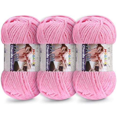 Mooaske Chenille Yarn for Crocheting, 300g/393yds Fluffy Baby Blanket Yarn | Soft plush thick chenille yarn for crocheting. 300g/393yd total. Ideal for baby blankets, amigurumi, scarves & home decor. - color: Dark Pink