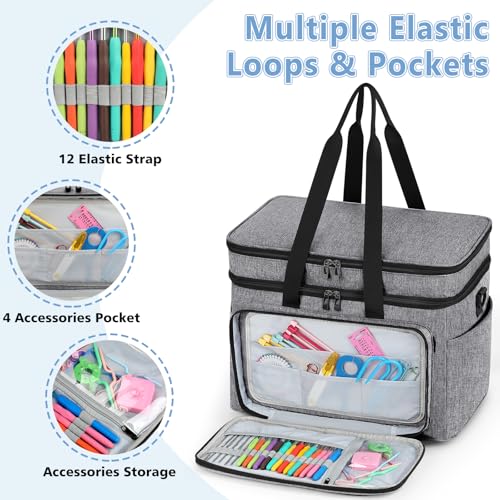 Crochet Organizer Bag with Yarn Holder, Large Yarn Storage for Accessories | 3PCS Crochet Knitting Bag with Accessory Pouch for Hooks, Needles, Travel Tote, Crochet Lovers, Gift for Crafters, No-Tangle - color: Gray