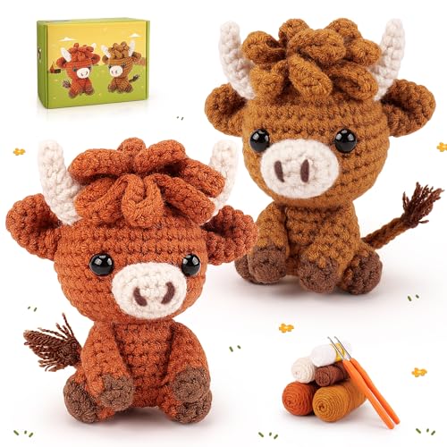 2PCS Highland Cow Crochet Kit for Beginners Crochet Starter Kit for Adults | Animals Crochet Kit with Step-by-Step Video Tutorials, Highland Cows Crocheting Kit, Animal Knitting Kit for Birthday - color: Brown Highland cow