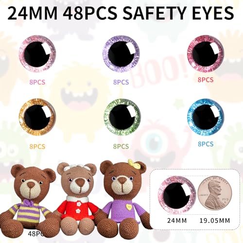 MUCUNNIA 96pcs 25mm 3D Glitter Plastic Safety Eyes for Amigurumi Trapezoid Craft Crochet Doll Eyes with Washers Stuffed Animal Eyes for DIY of Puppet, Bear Plush Animal Halloween Decorations(6 Colors) - size: 24mm