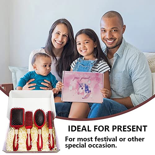 4 Pcs Hair Brush Set, Includes Anti-Static Massage Oval Comb, Detangling Brush, Round Hair Brush, Vented Hair Brush, for Women, Men, and Kids - color: Red