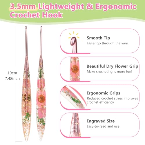 Katech 3.5mm Crochet Hook for Arthritic Hands, Long Aluminum Inline Hooks | Ergonomic Crochet Hooks with Dried Floral Grip-Elegant & Unique, Smooth Crochet Needle-Crochet Gift for Beginner&Crocheter - size: 3.5mm