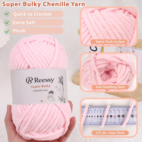 Super Bulky Chenille Yarn – 6 Pack of 100g (Total 600g) - CYC #6 Super Bulky 5mm Thick – Extra Soft Plush Chunky Yarn for Crocheting – Matte Chenille for Baby Blankets, Toys & Hats(Pink) - color: Pink