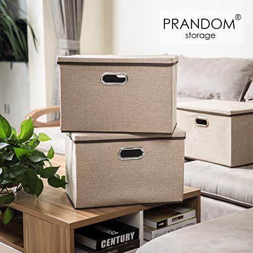 PRANDOM Large Collapsible Storage Baskets with Lids [5-Pack] Jute Fabric Foldable Storage Bins Boxes Organizer Containers Cube with Cover for Home Bedroom Closet Office Nursery (17.7x11.8x11.8) - color: Khaki, size: L(5-Pack)