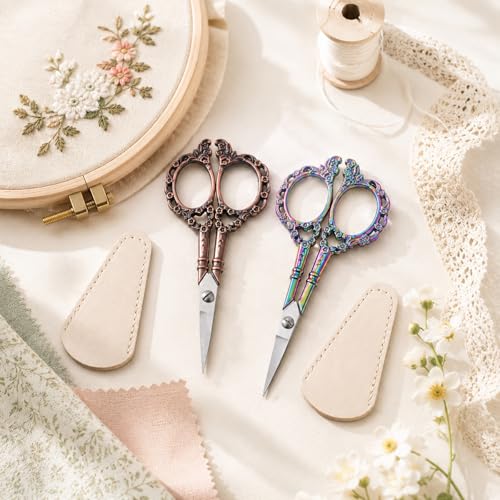 2PCS Vintage Yarn Scissors for Crocheting, Pointed Tip Crochet Scissor | Sewing Embroidery Scissors, Vintage Pointed Detail Shears, Embroidery Scissor with Cover, Tailor Threading Shears for Crochet