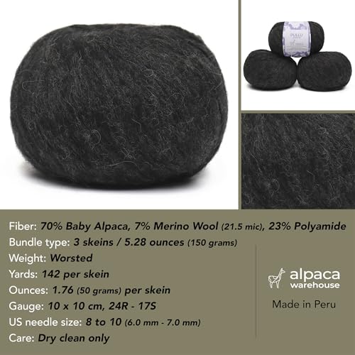 Baby Alpaca Merino Yarn 3 Skeins 150g Worsted Weight Knitting Charcoal Gray | Pullu baby alpaca merino blend made in Peru 3 skeins 150g 426yd total for knitting and crochet sweaters scarves and hats - color: Charcoal Gray