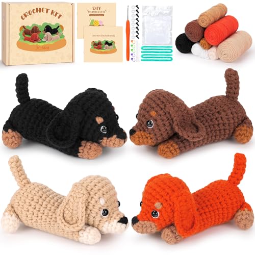 Crochet Kit for Beginners Adults, 4 PCS Dachshund Puppy Crochet Kits | w/ Step-by-Step Video Tutorials, Beginner Crochet Kit for Adults, Crochet Animal Kit, Creative Crochet Gift for Dog Lovers - color: dachshund puppy