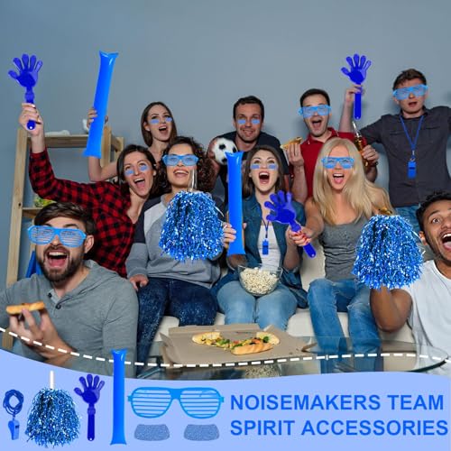 148 Pcs Team Spirit Accessories,Cheerleading Pom Poms Hand Clappers Noisemakers Whistles Shutter Glasses Eye Black Sticker for Sports Events Football Baseball School - color: Blue