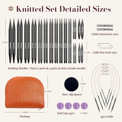 Yarniss 15 Pairs Interchangeable Circular Knitting Needle Combo with Case | 4.5-Inch Round Aluminum Knitting Needle 3.0~8.0mm & 2.16-Inch Shorties Needles US Size 2.5-10 - color: Brown