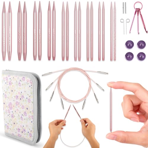 Svartur 3in Interchangeable Circular Knitting Needles Set, Short Interchangeable Knitting Needles with 4 Assorted Cables, Accessories and Case, 9 Pairs, Pink - color: Pink-3in-9 Pairs