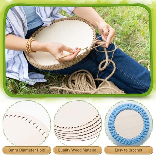 AWIZOM 12 Pcs Wooden Basket Bottoms for Crochet 8 Inch Round Basket Wood Bottom Circle Weaving Knitting Base Natural Wood Base Shaper for Crochet or Knitting Weaving Crafts Home Decoration(Hole:8mm) - size: 8 Inch