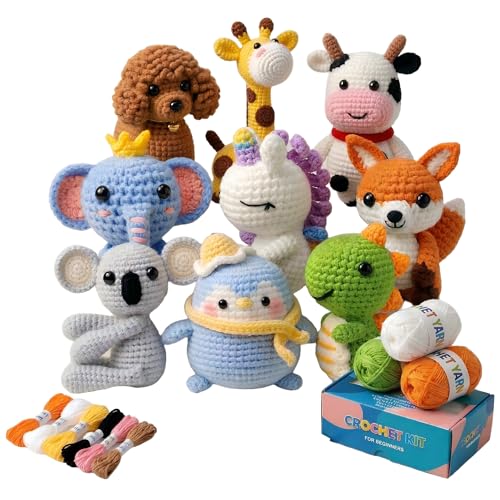 LeRoWen Animal Crochet Kit for Beginners - Makes 9 Animals, DIY Amigurumi Craft Set with Yarn, Hooks & Video Tutorials - Gifts for Beginners, Adults & Craft Lovers