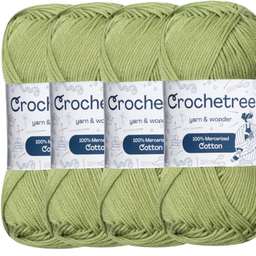 Mercerized Cotton Yarn – Fingering Weight 4-Ply, Each 1.76 oz (50g) / 136 yds (125 m), High-Gloss, Anti-Splitting, Fade-Resistant for Crochet & Knitting, Bud Green (Pack of 4) - color: Bud Green