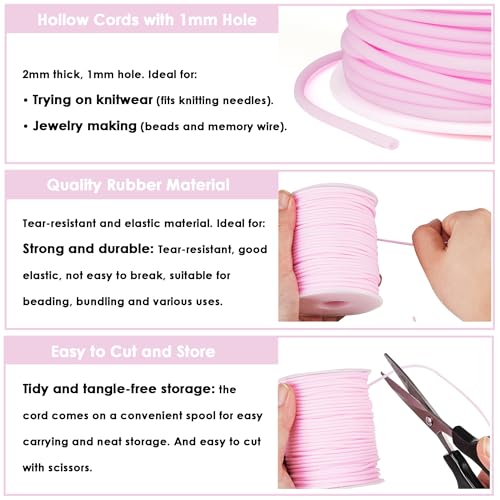 Hollow Rubber Tube Cord 54 Yards 2mm Light Pink Stitch Keeper with 1mm Hole | Tubing Knitting Barber Cord Rubber Saver Rubber Pipe with Spool for Knitting Projects Jewelry Making and Bead Creations - color: Light Pink