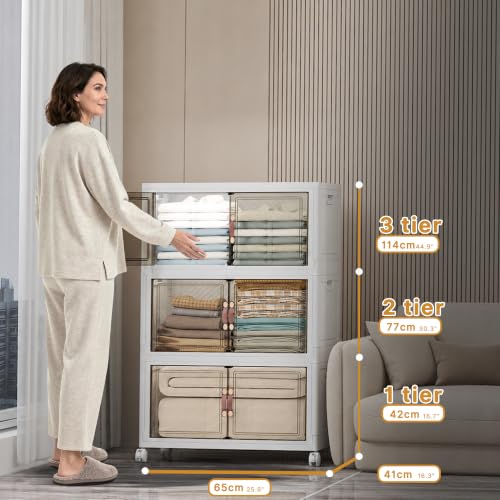 UAMFURI Stackable Storage Bins, 672QT Collapsible Drawers with 2 Lids | Large Capacity, Magnetic Door, Stack Lock, Rolling Wheels, Foldable Design, Organizers and Storage for Bedroom Dorm Garage - color: White-112qt, size: 6Pack with 2 top lids