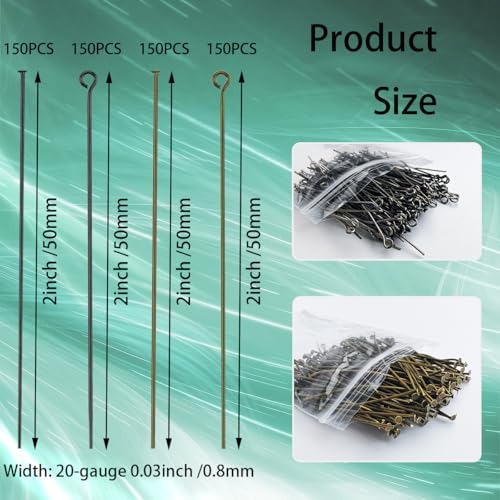 600 Pieces 2 Inch Flat Head Eye Pins for Jewelry Making DIY, Straight Bronze and Black Metal End Headpins for Craft Earring Bracelet Necklace Pendant Supplies - color: Bronze+Black, size: 2 Inch (Flat Head + Eye)