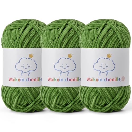 Skinny Chenille Yarn for Crocheting, 3 Pack of 1.75 oz/109 yds Amigurumi Yarn&Baby Yarn for Crocheting Soft, Fluffy Fingering Weight Velvet Yarn for DIY Crafts&Baby Blankets.(3 Army Green) - color: 3 Army Green