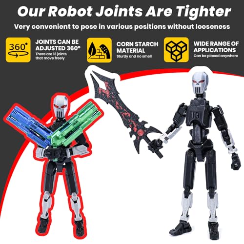T13 3D Printed Action Figure Set, Articulated Poseable Robot with Death Scythe, Cape and Weapon Accessories, Pre-Assembled for Stop Motion.Dummy 13 (Gray-Black) - color: Gray Black