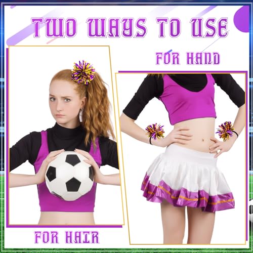 Shappy Mini Pompom Hair Tie 4inch Cheerleading Ponytail Holder | Team Spirit Design, Elastic Hair Ropes, Compact Cheer Accessories for Football Games, Dance Events and Party Favors - color: Purple Gold