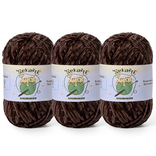 3 Pack of 300g (590yds) Fuzzy Chenille Yarn for Crocheting,Fluffy Amigurumi Crochet Yarn for DIY Craft/Hat/Clothes, Soft Velvet Baby Blanket Yarns（3 Coffee） - color: 3 Coffee