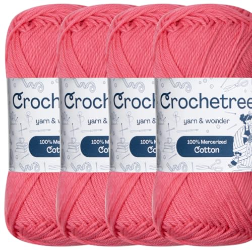 Mercerized Cotton Yarn – Fingering Weight 4-Ply, Each 1.76 oz (50g) / 136 yds (125 m), High-Gloss, Anti-Splitting, Fade-Resistant for Crochet & Knitting, Azalea Pink (Pack of 4) - color: Azalea Pink
