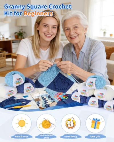 Coopay Crochet Kit for Beginners, 3D Heart Granny Square Blanket Kit, Set B | Complete Bobble Stitch Crochet Blanket Kit with Video Tutorial, Easy DIY Crochet Kit for Adults, Ideal Crochet Gift - color: Blue/White Heart-Shaped