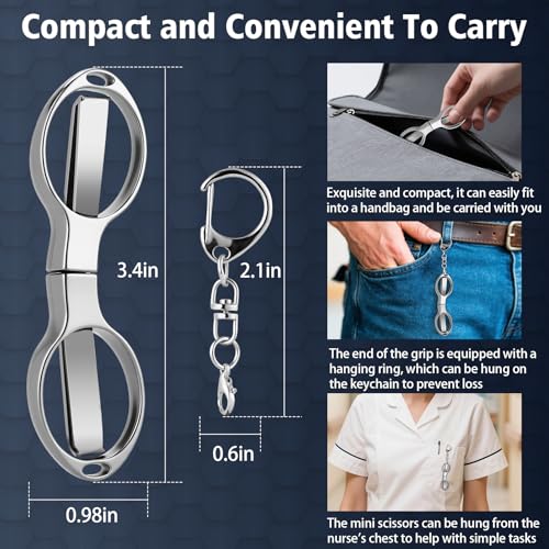 3 Pcs Folding Stainless Steel Mini Badge Scissors with 3 Keychains | Safety Foldable Pocket Travel Small Scissors All Purpose for Nurse Accessories, Travel, Office, Craft, Sewing, Home (Silver) - color: Silver