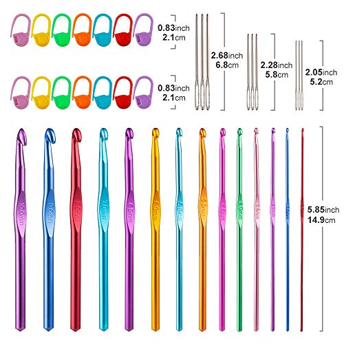 Vodiye 14 Sizes Crochet Hooks Set 2.0–10.0mm, Colorful Metal Crochet Needles, Ergonomic for Comfortable Crocheting - size: 14 Size(2.0-10.0mm)
